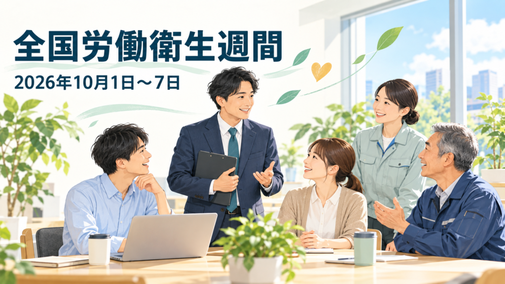 全国労働衛生週間 2026年10月1日から7日 職場で健康について話し合う働く人たちのイラスト